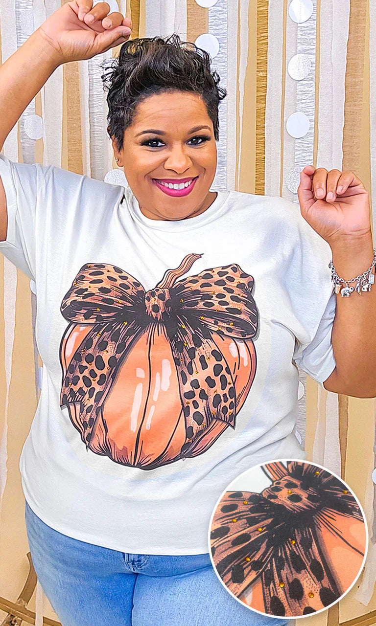 Sugar Stitch-Pumpkin Cheetah Bow Rhinestone